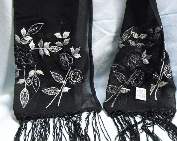 Ladies Scarf, Black Embroidered, 70 Long 7 Tassles  