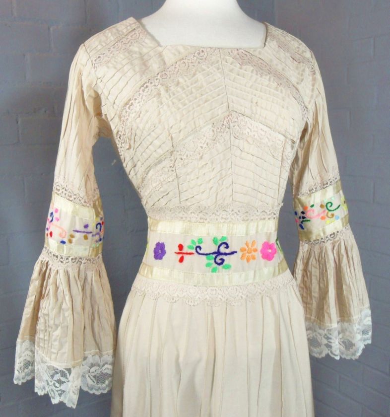 VTG 70S MEXICAN EMBROIDERED BELL SLEEVE LACE PINTUCK MAXI DRESS 