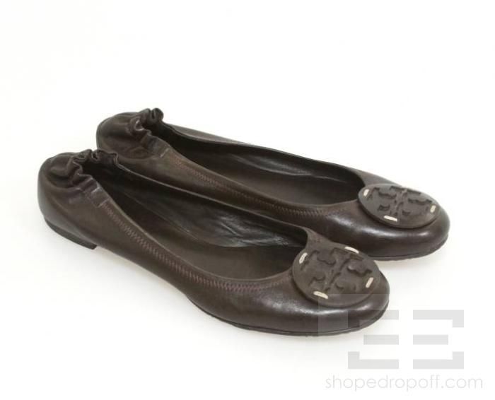 Tory Burch Brown Leather Medallion Reva Flats Size 9  