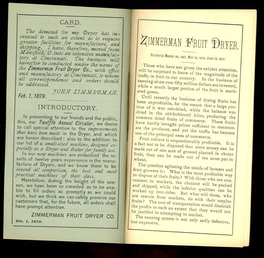 1879 CATALOG  ZIMMERMAN FRUIT & VEGETABLE DRYER & BAKER  