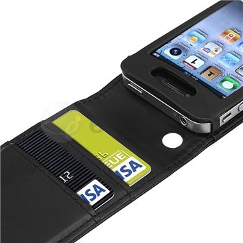 Black Wallet Leather Card Holder Flip Case Cover Pouch For iPhone 4 4S 