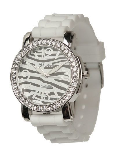 NEW Geneva WHITE ZEBRA SILICONE RUBBER JELLY WATCH with CRYSTALS Large 