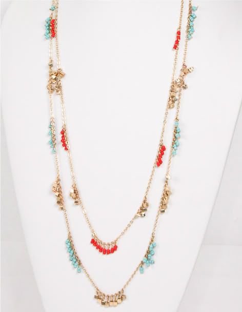   TURQUOISE & CORAL Multi Strand Long BEADED Gold Charm Necklace  